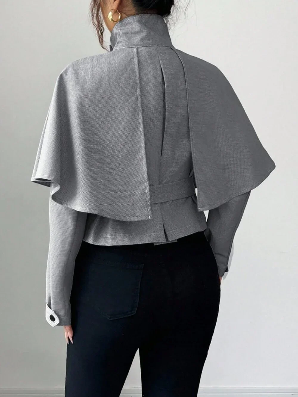 Black And White Casual Women's Houndstooth Cropped Waist Cape